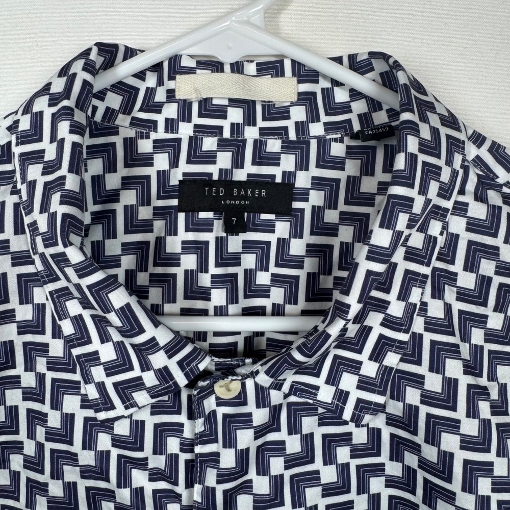 Ted Baker London Mens Navy Geometric Short Sleeve Button Down Shirt Size 7 XXL